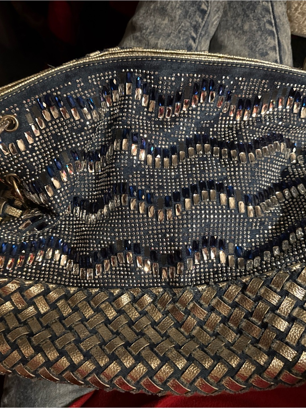 Embellished Navy Blue Woven Shoulder/Crossbody Tote